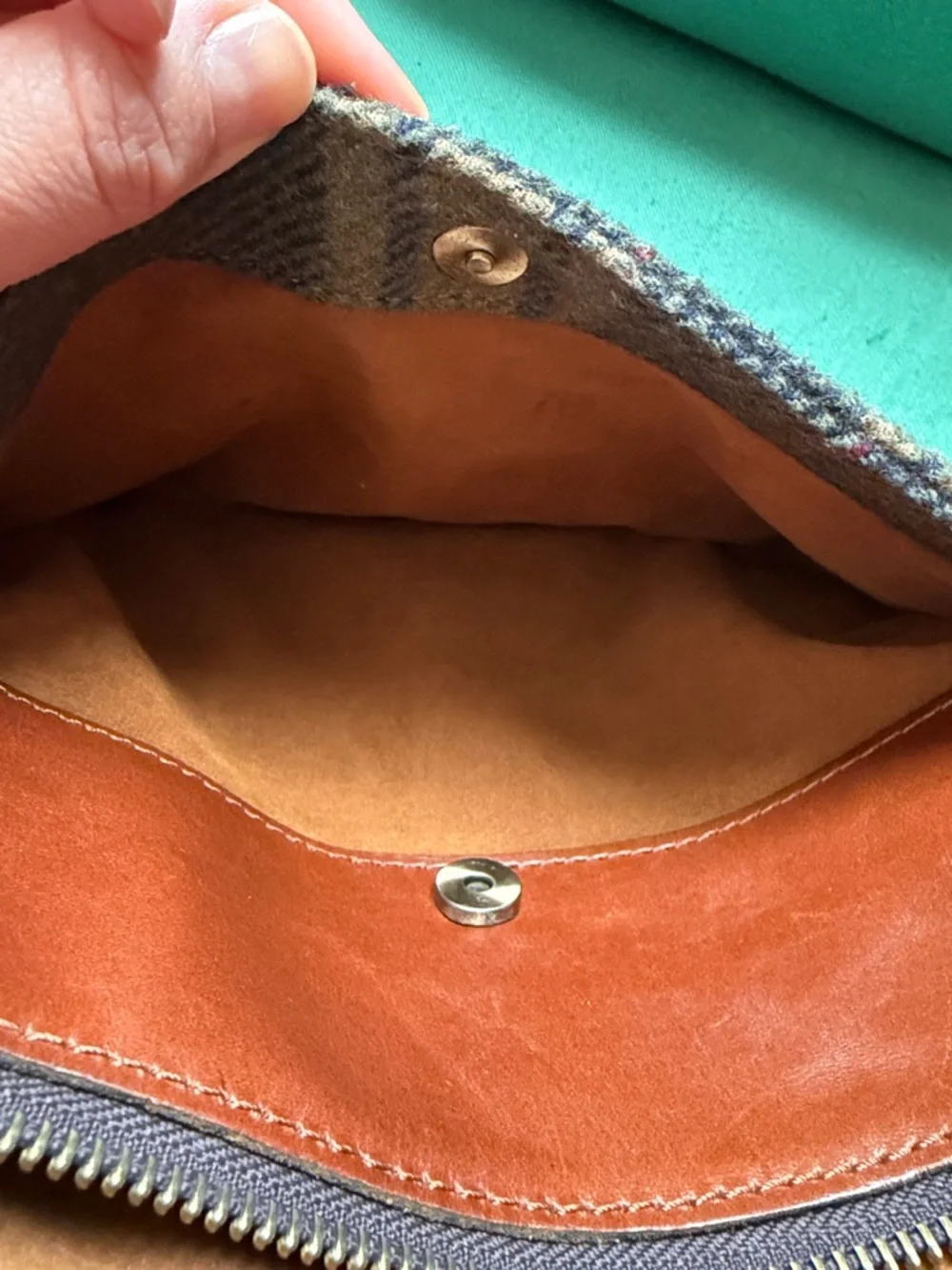 Patricia Nash Brown Plaid Wool & Chestnut Leather Messenger Bag